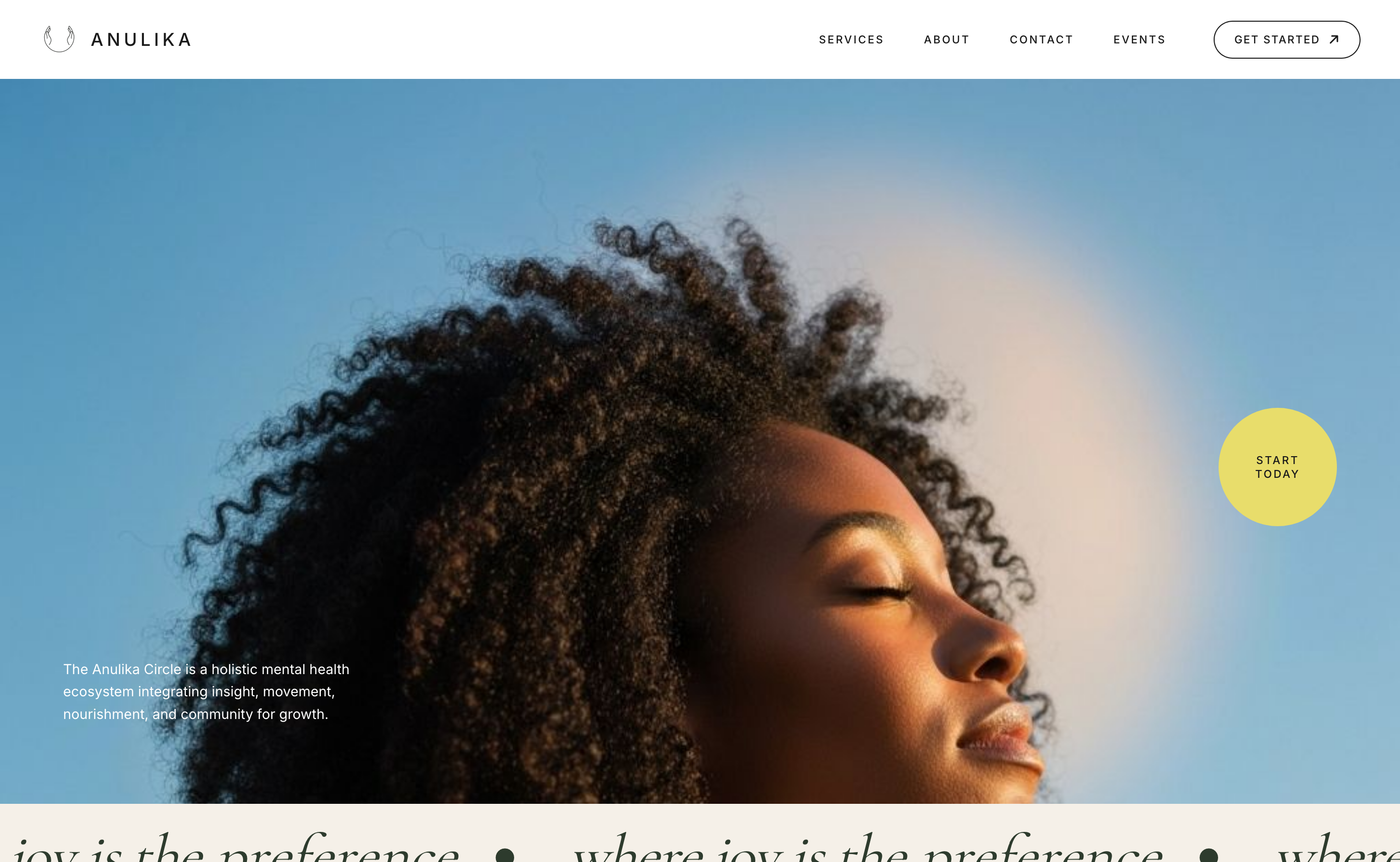 Homepage of The Anulika Circle showing a woman in sunlight against a blue sky with a Start Today call to action