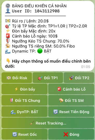 Bảng điều khiển cá nhân - C��i đặt Risk, TP, Trailing Stop