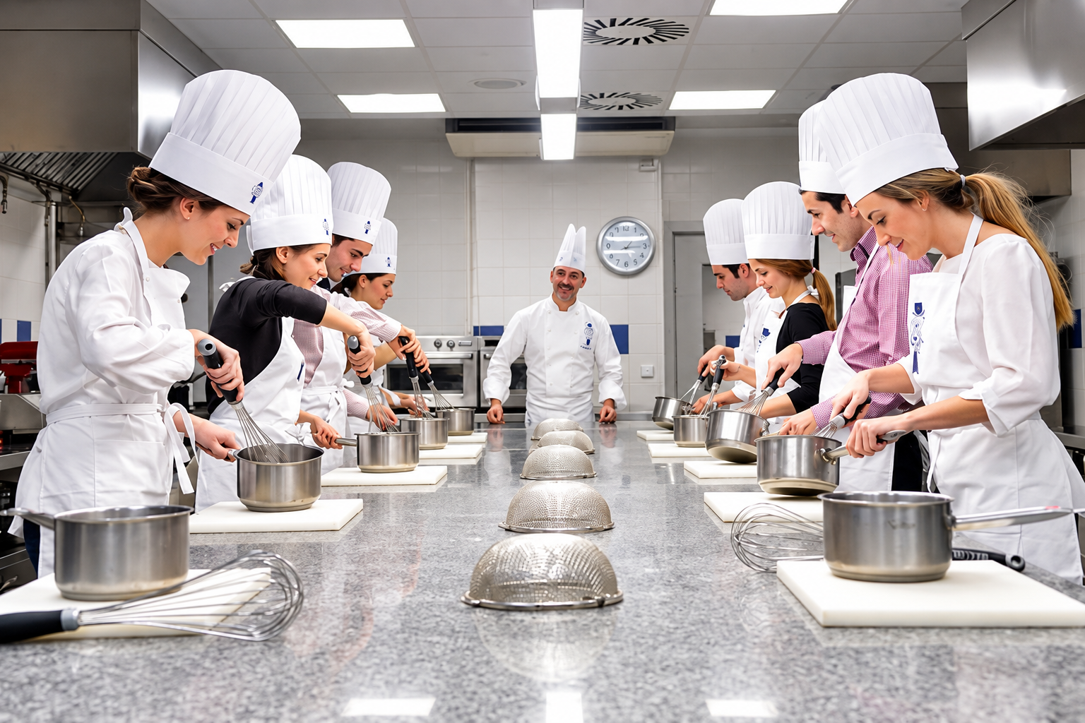 Cooking students learning in a professional kitchen