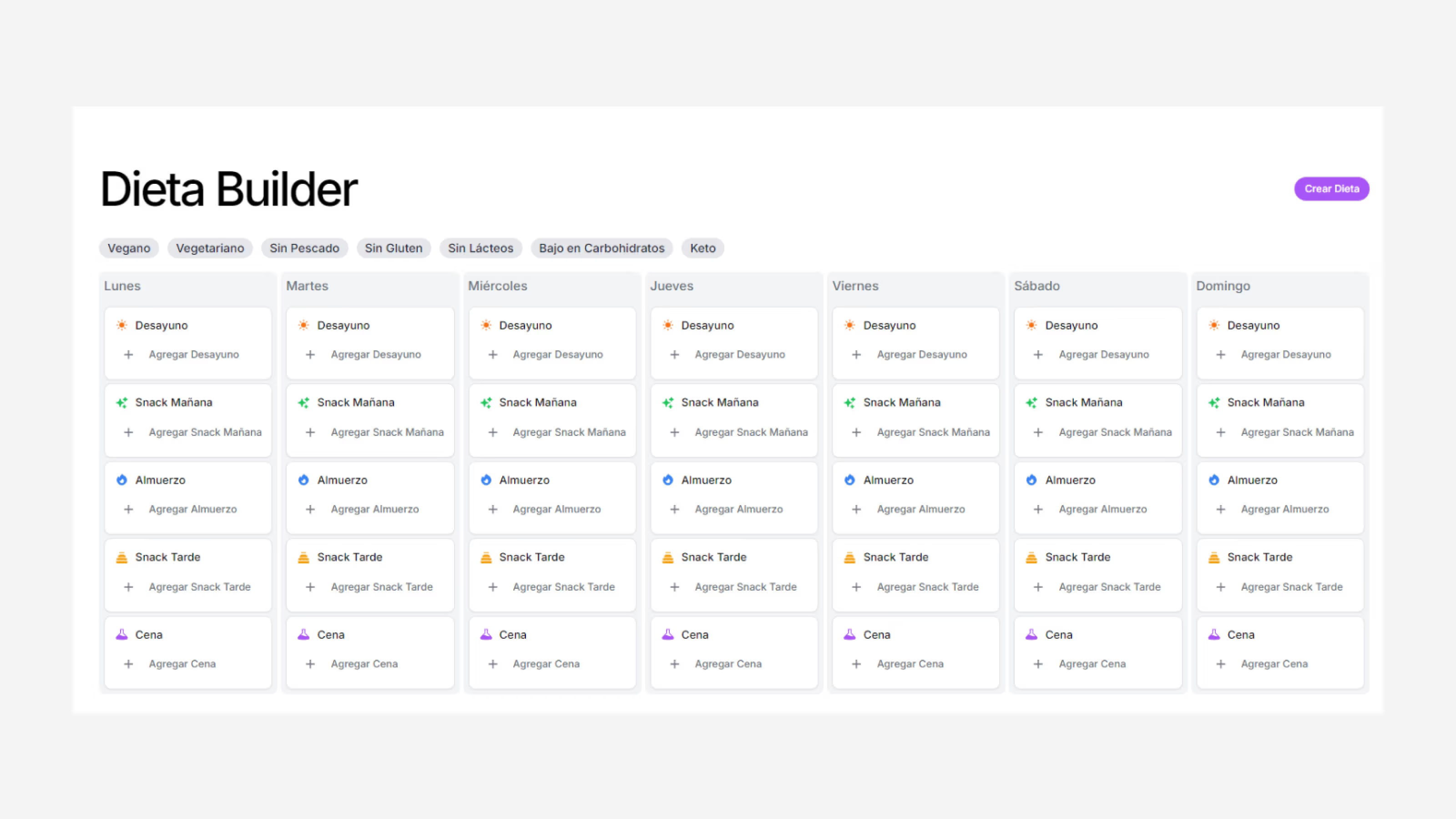 Diet planning interface showing weekly meal planner with multiple meal slots per day