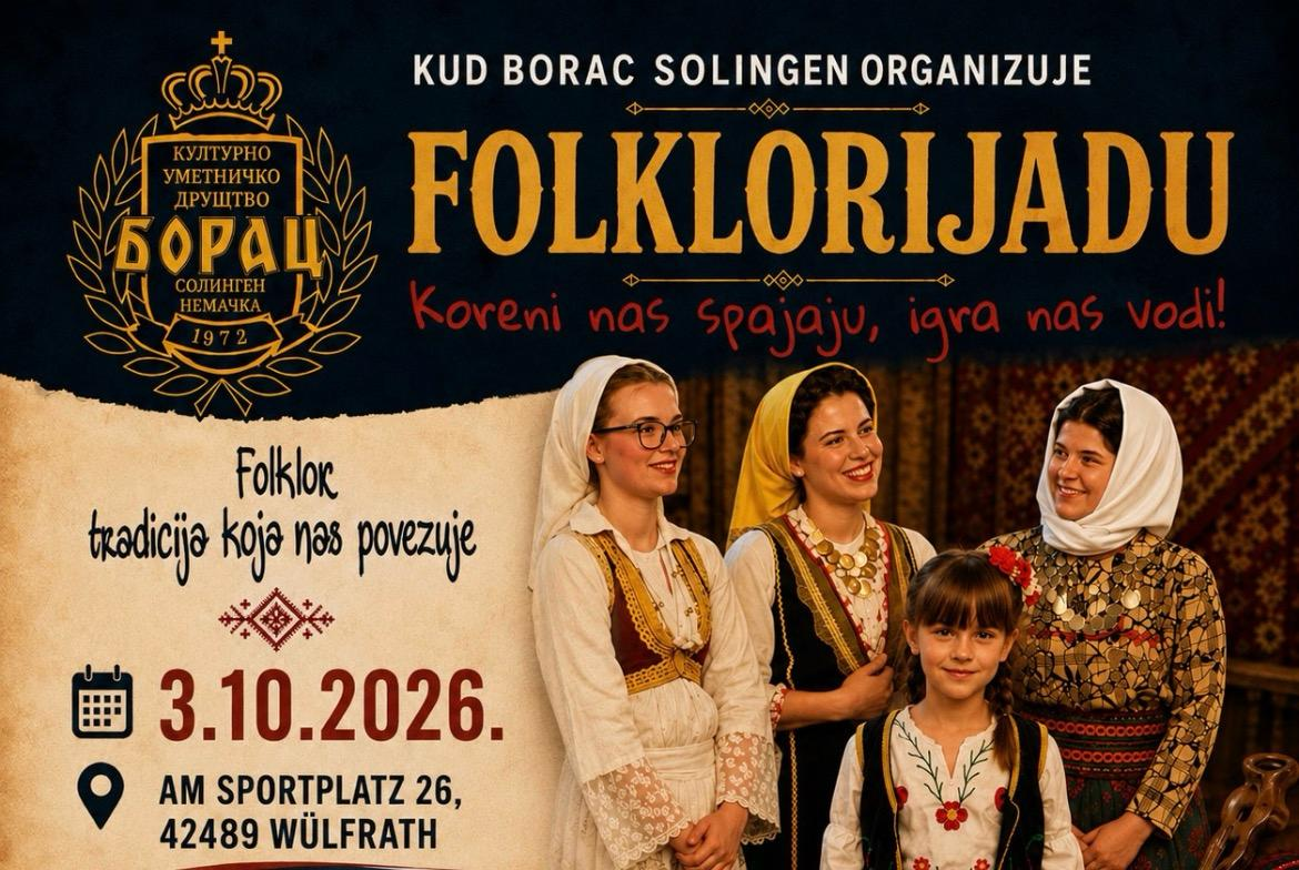 Flyer für die Folklorijada des KUD Borac Solingen am 3. Oktober 2026