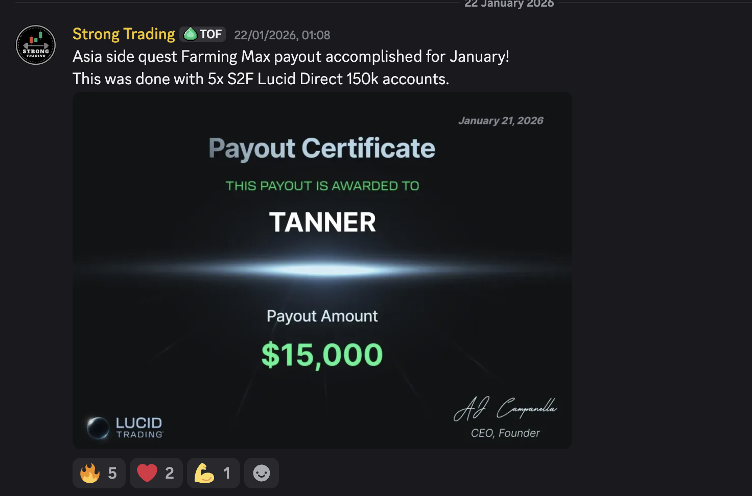 Tanner — Lucid Trading $15,000 Payout Certificate, January 2026