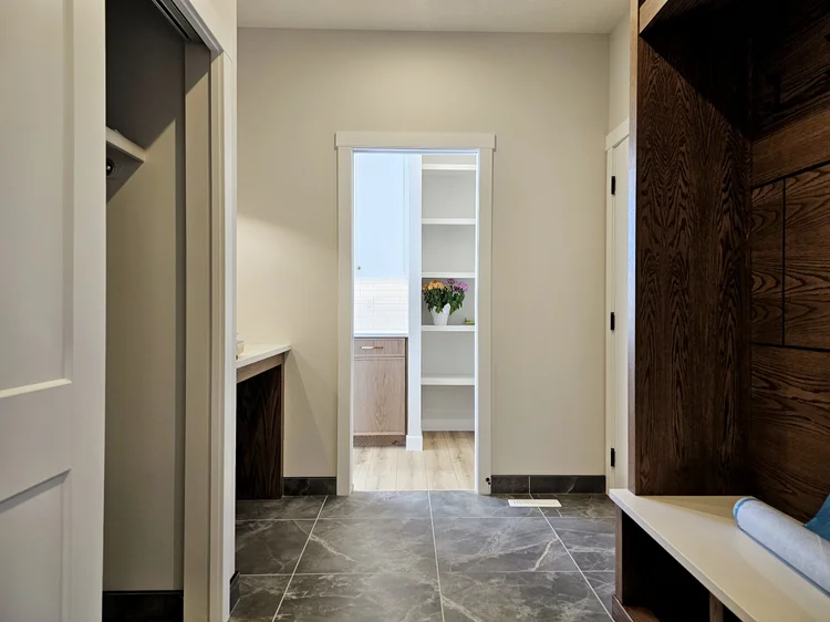 Mudroom with wood accent bench