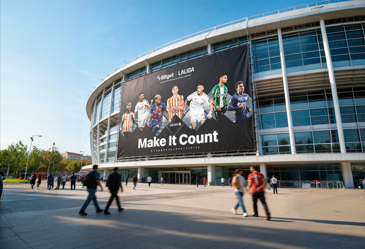 Bitget x LALIGA Make It Count — massive stadium exterior banner with football players, official crypto partner