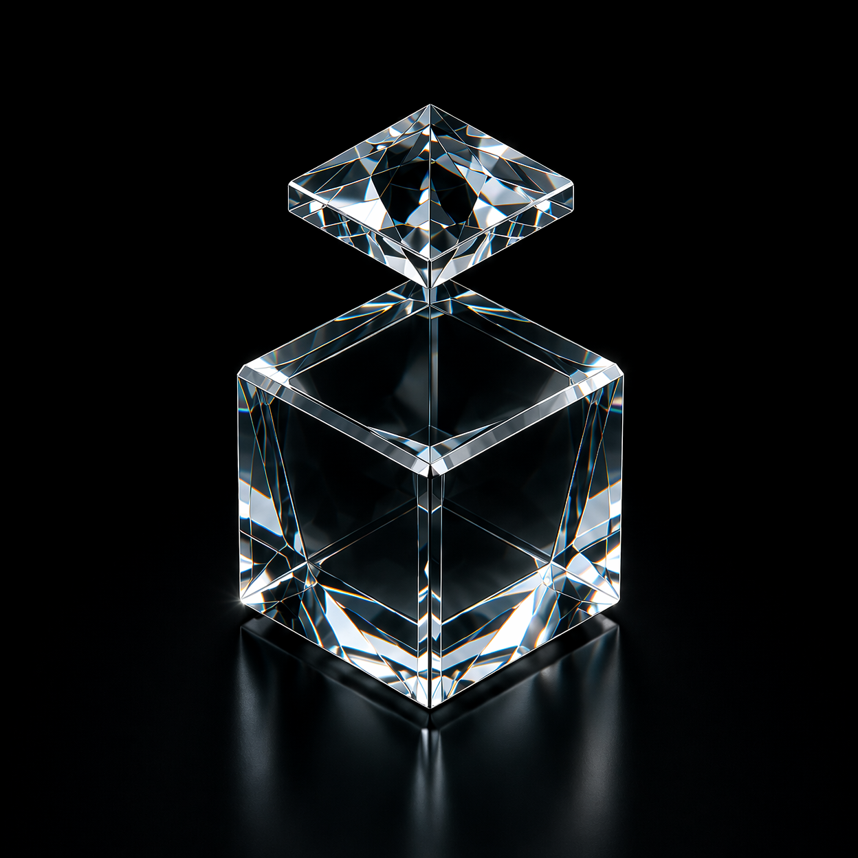 Crystal glass cube and diamond 3D object