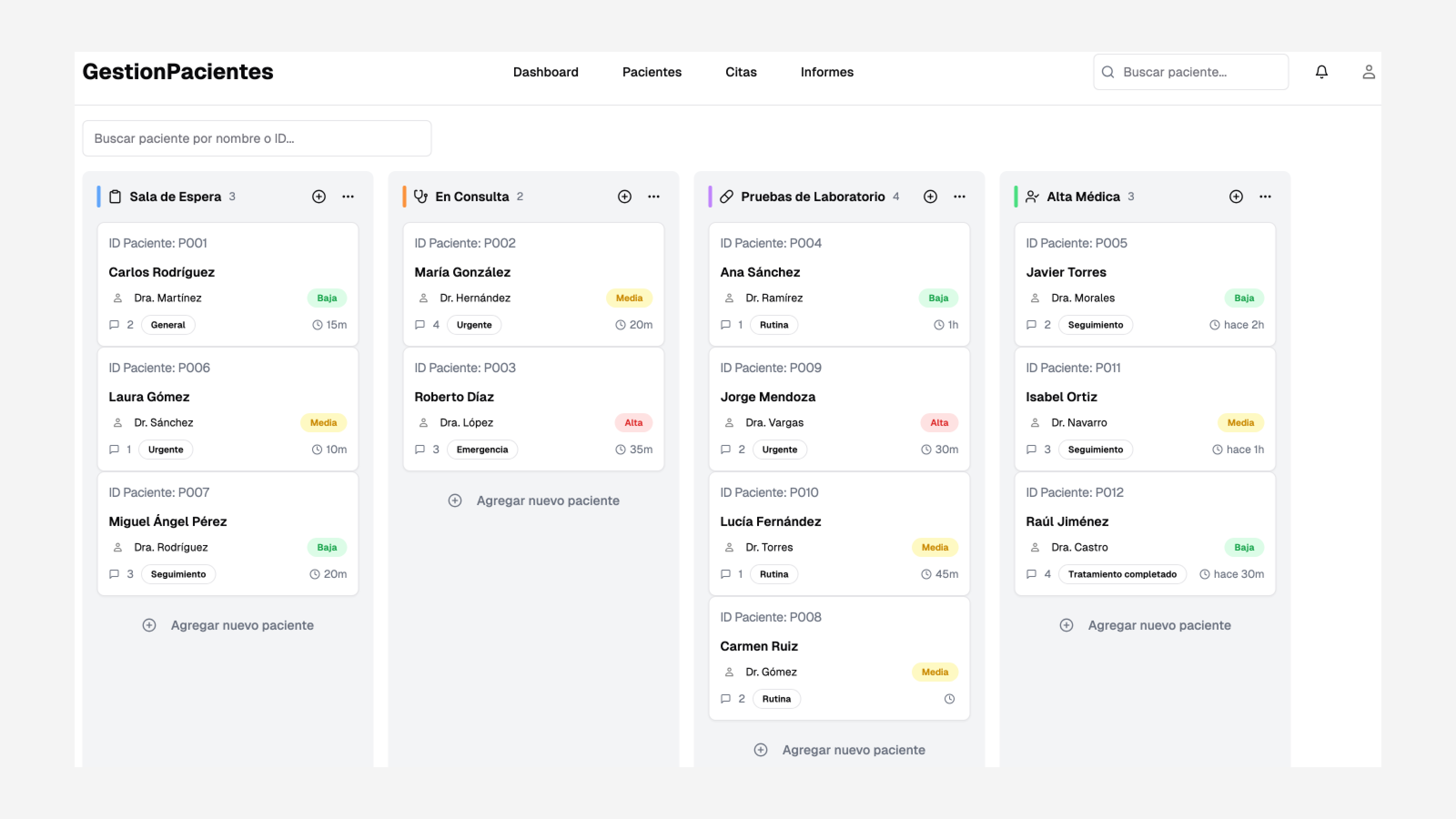 Patient management system interface showing kanban board with waiting room, consultation, and lab test sections