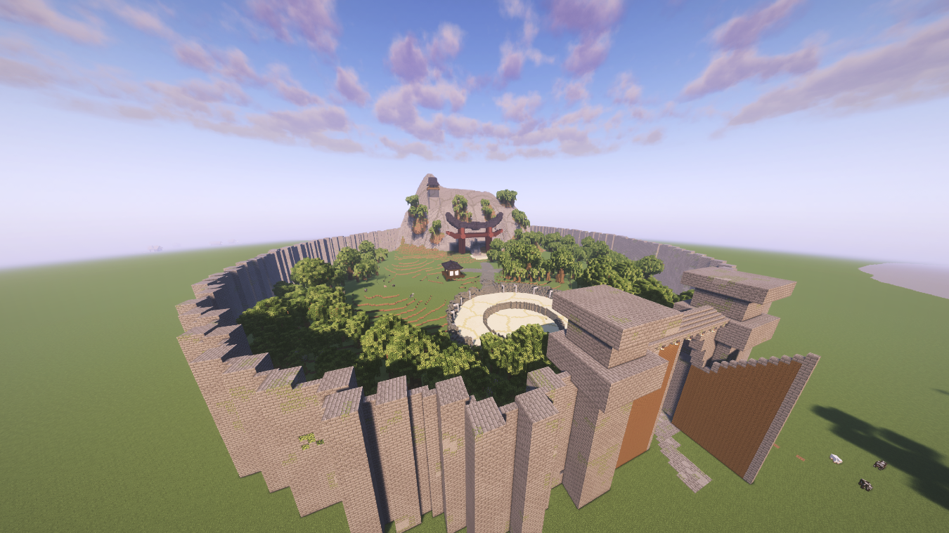 A walled courtyard build with a torii gate, stone terraces, gardens, and a mountain shrine on Fracture