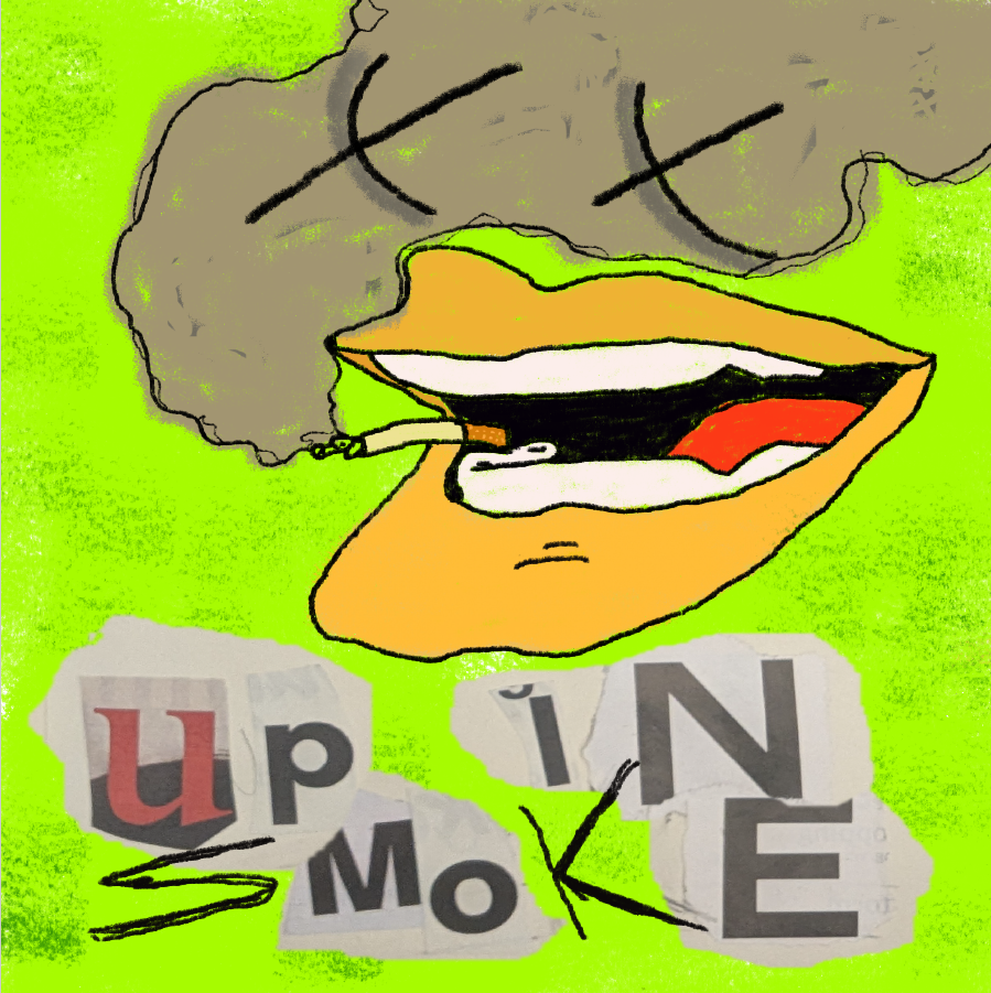 Finished front cover: lime-green background with yellow smoking lips and cut-out letters reading Up In Smoke