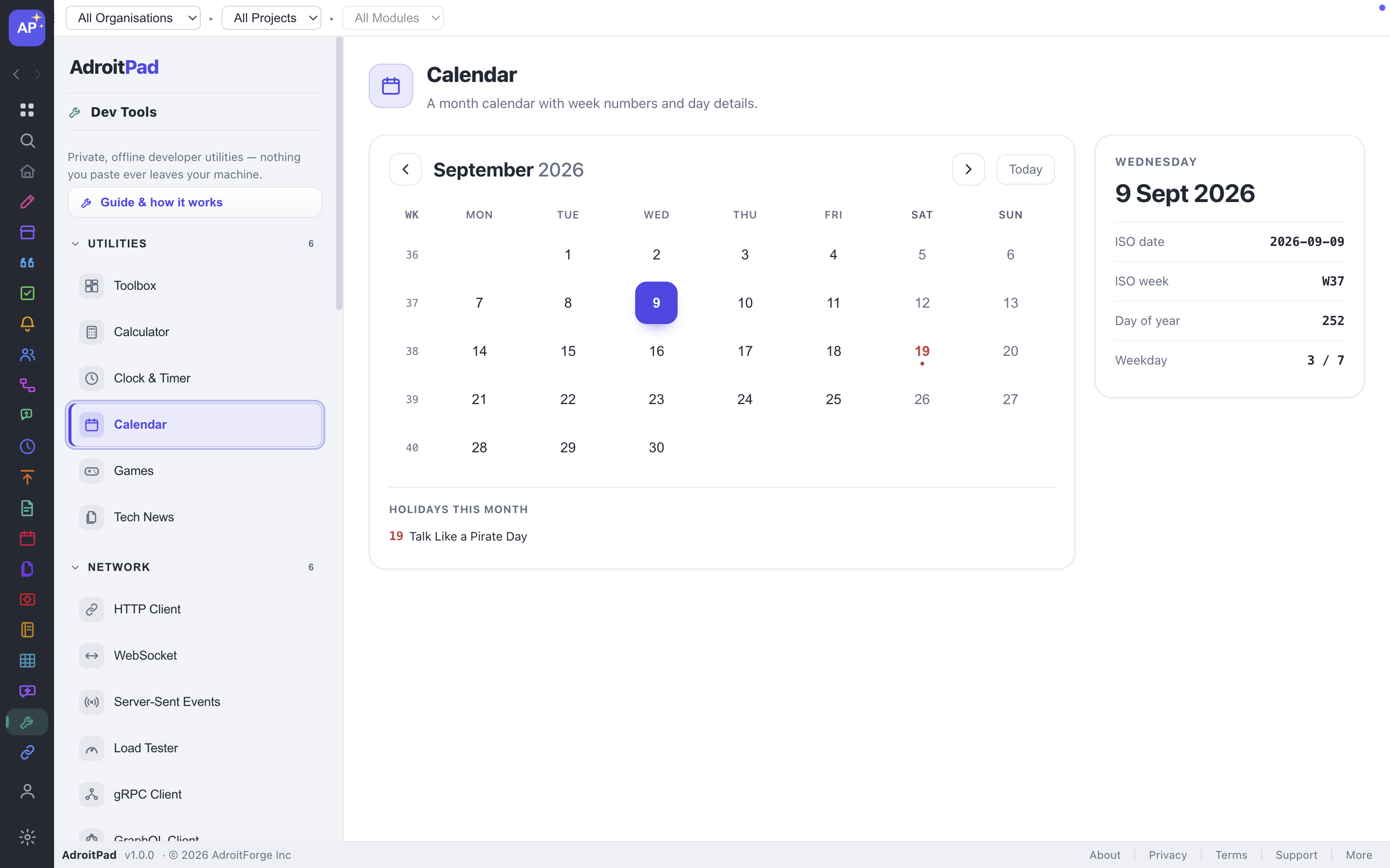 Calendar in AdroitPad