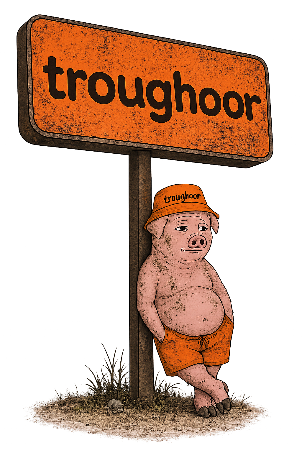 Troughoor - the tired pig mascot leaning against a troughoor road sign