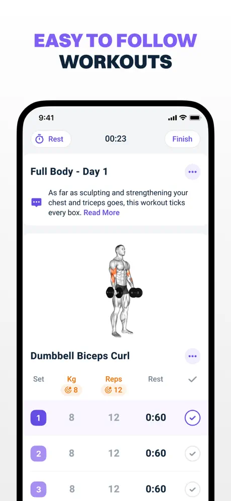 Easy to Follow Workouts — exercise tracking with sets, reps, and rest times