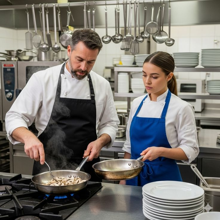 Chef and culinary student cooking in a professional kitchen
