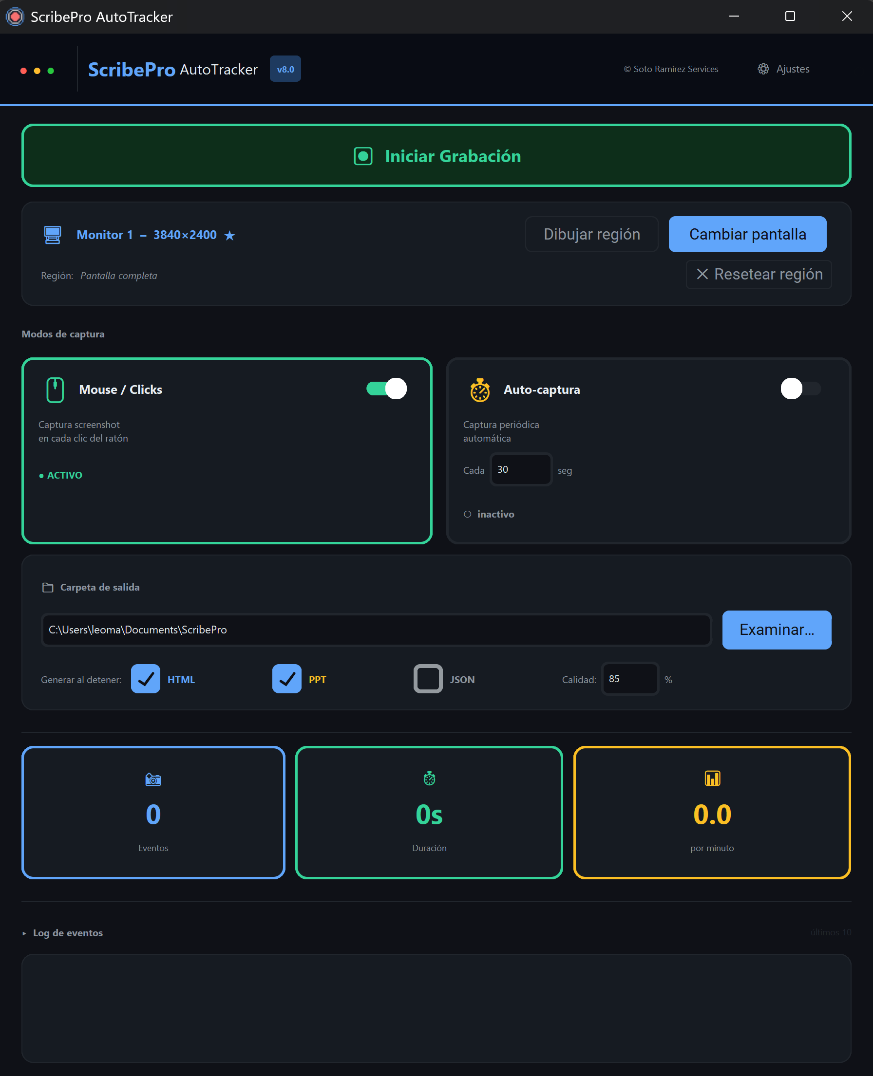 ScribePro AutoTracker interfaz en Español mostrando Iniciar Grabación, Modos de captura, y opciones de salida