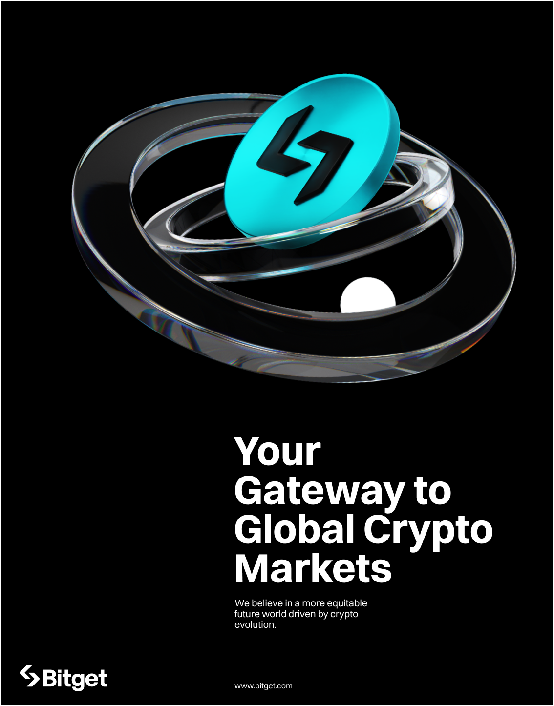 Your Gateway to Global Crypto Markets — teal Bitget orbit sculpture hero image layout
