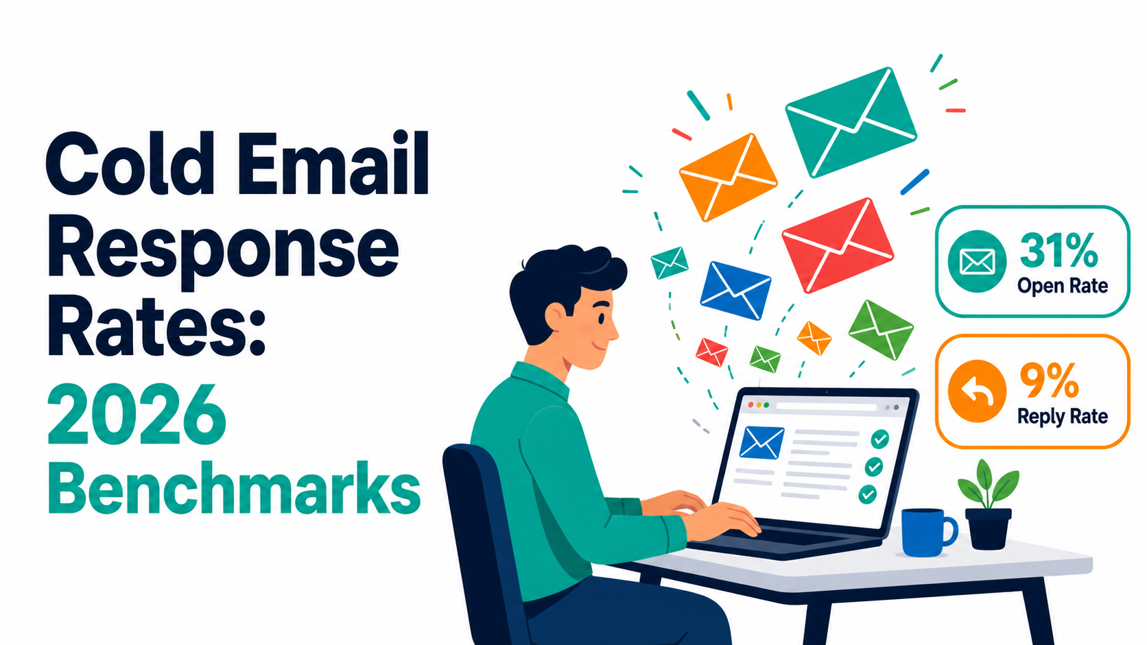 Cold Email Response Rates: 2026 Benchmarks — illustration of a person at a laptop with colorful email envelopes flying upward, showing 31% open rate and 9% reply rate benchmarks
