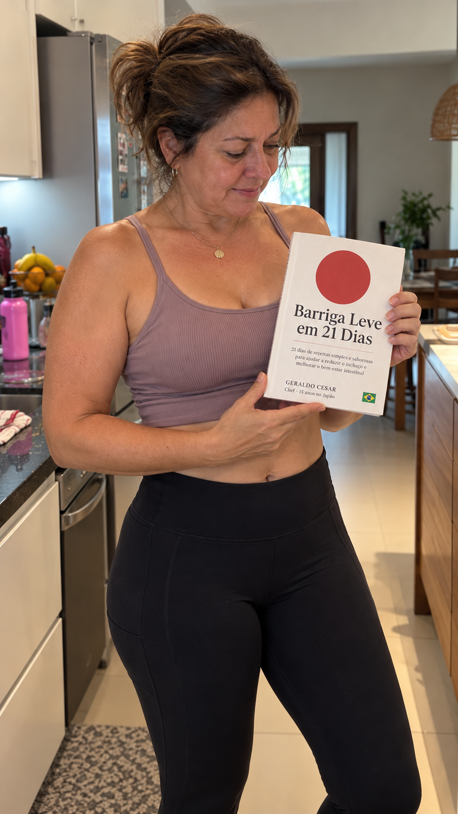Rosana depois: sorrindo ao ar livre com o livro Barriga Leve em 21 Dias