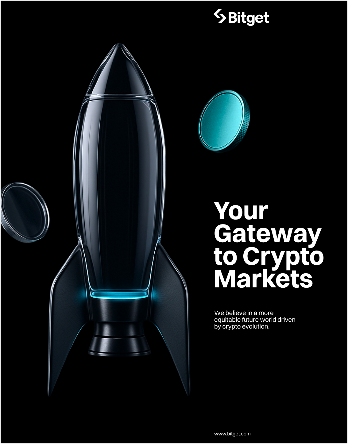 Your Gateway to Crypto Markets — glass rocket with floating teal coins layout