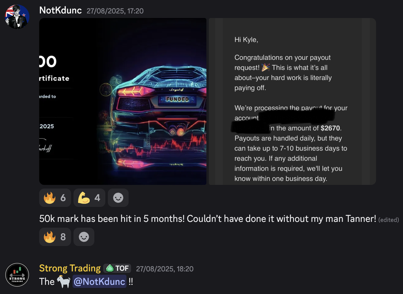 NotKdunc — 50k in payouts in 5 months, $2,670 Topstep email