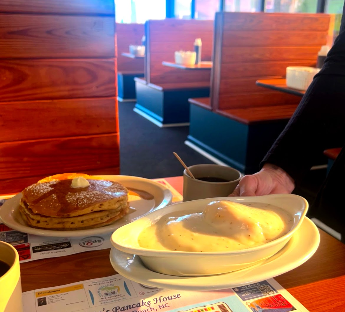 Pancakes and biscuits with gravy inside the restaurant