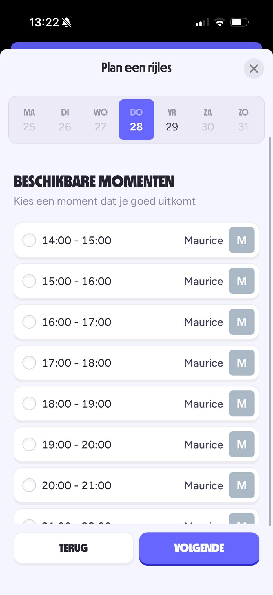 Calm Drive app. Plan een rijles — kies een beschikbaar moment