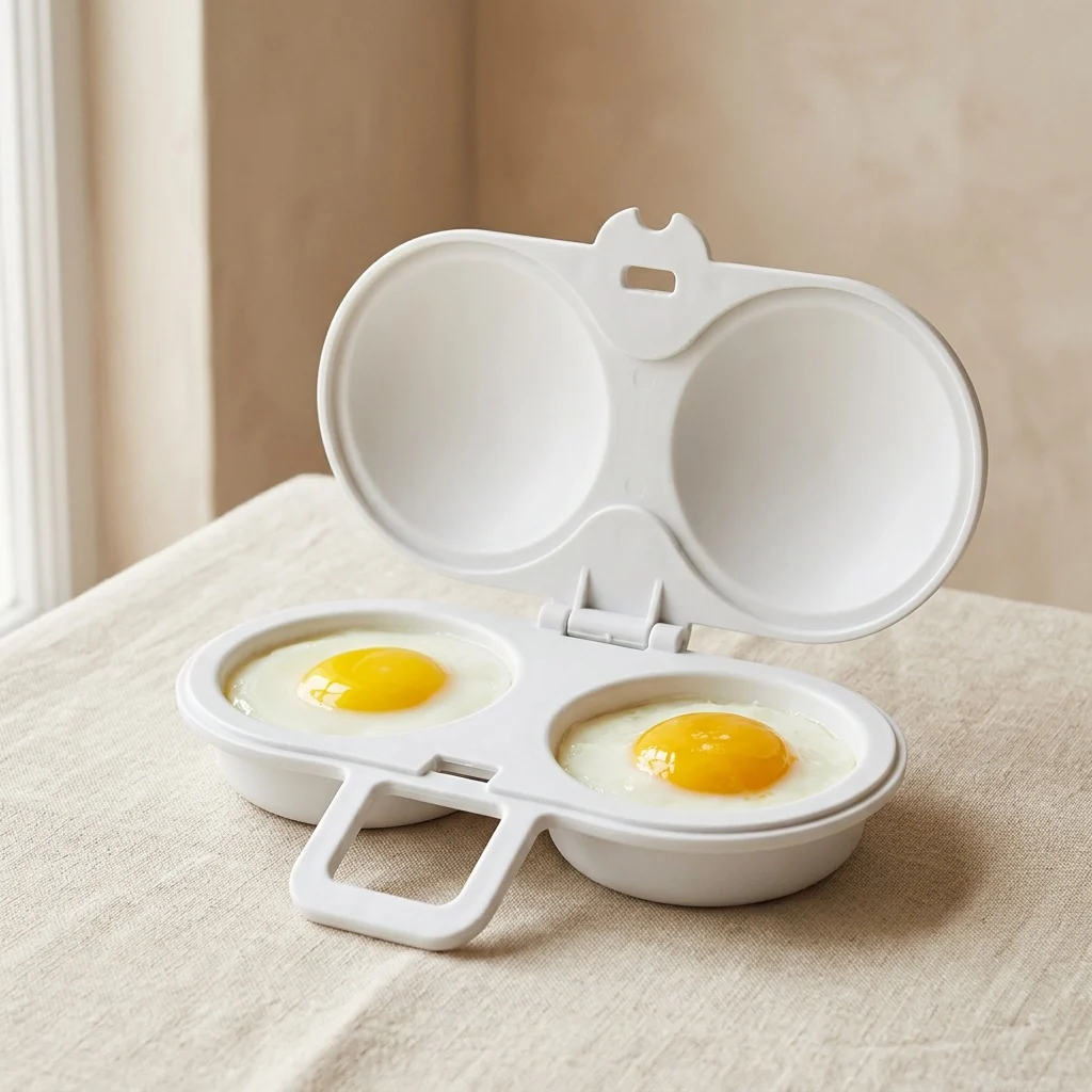 Microwave Egg Cooker Pro in white with two cooked eggs