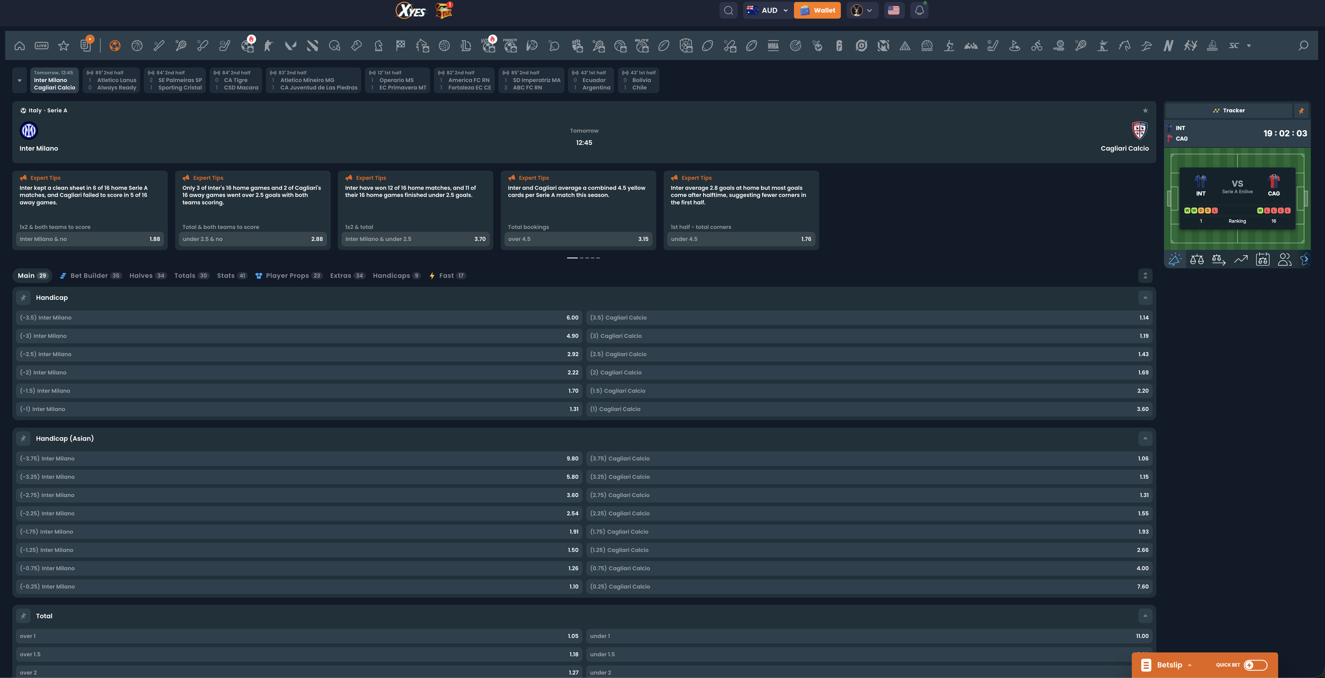 XYES match detail page for Inter Milano vs Cagliari showing 29 main markets, expert tips, and Asian handicap lines