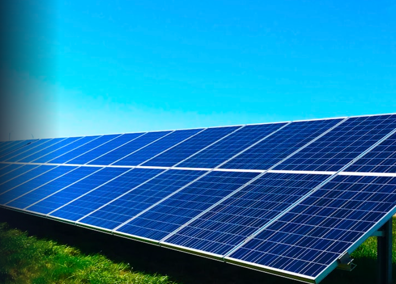 Paineis solares em campo com ceu azul