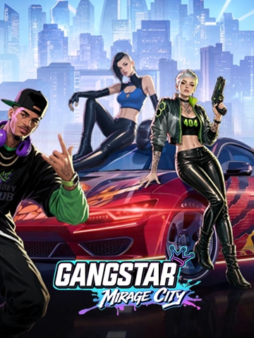 Gangstar Mirage City characters posed on a neon sports car