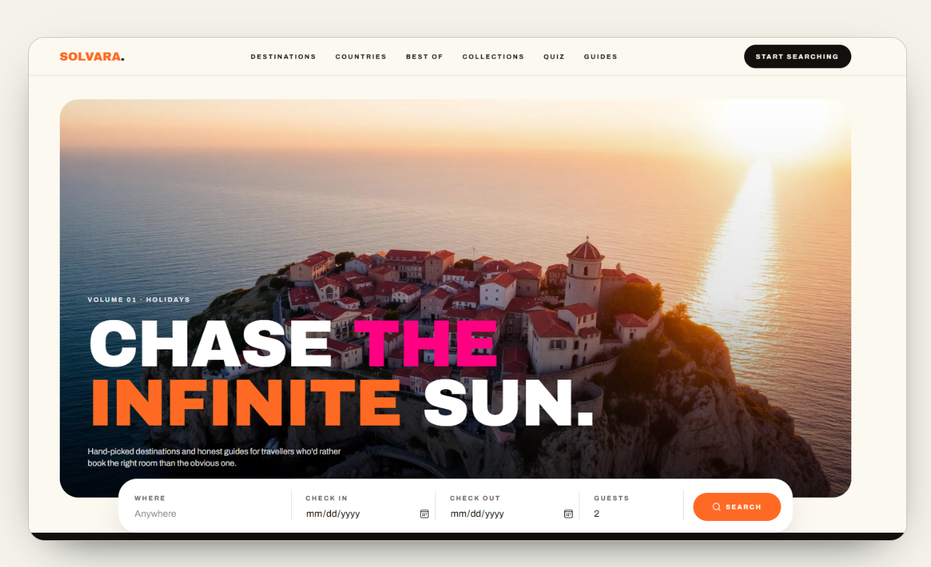 Solvara travel experience homepage with a sunset coastal village, destination navigation, and booking search bar