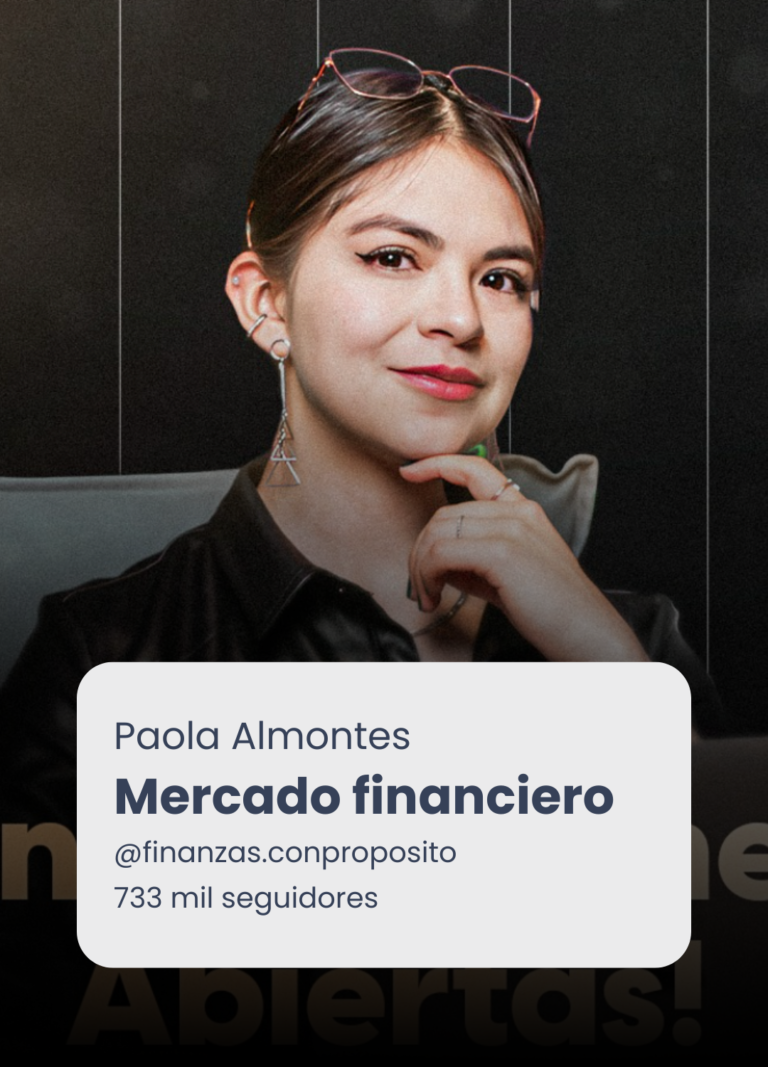 Presentación de Paola Almontes sobre el mercado financiero, con retrato y datos de su perfil.