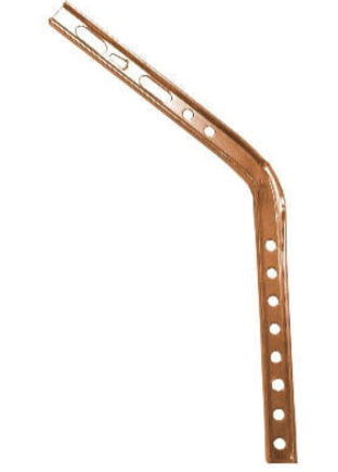 6 inch half round exposed rafter hanger showing copper-tone finish, angled design, and multiple pre-drilled mounting holes