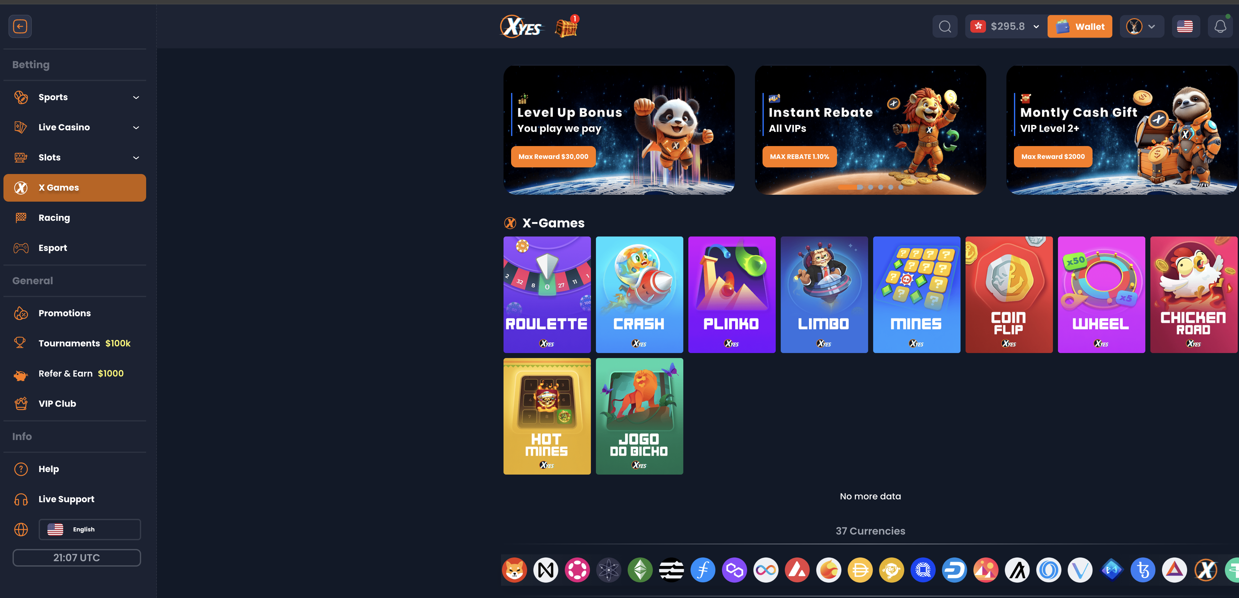 XYES X Games - Proprietary blockchain crypto games including Crash, Plinko, Limbo, Mines, Coin Flip, and Wheel