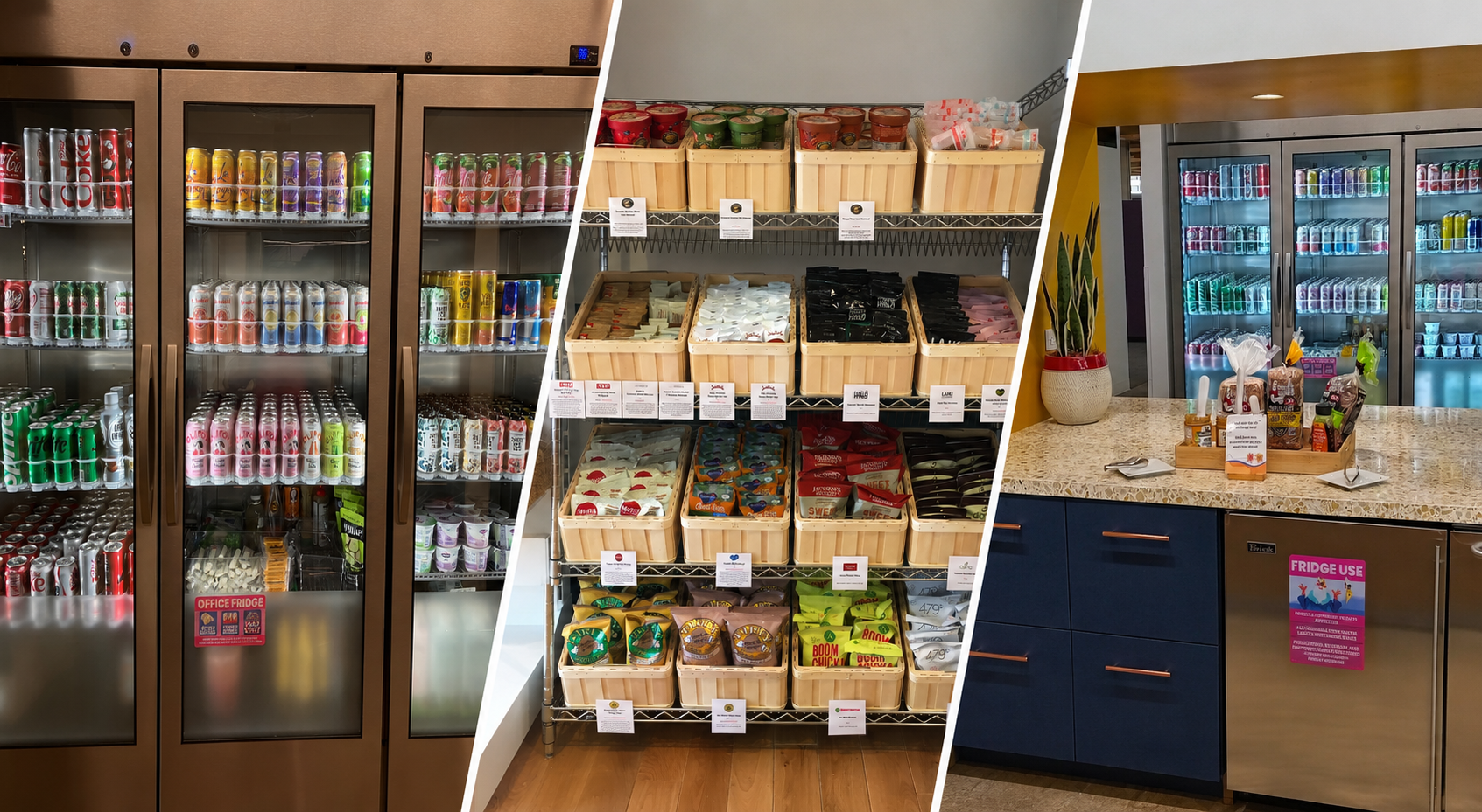 Three-panel Just Fare pantry collage: glass-door office beverage fridges, a wire rack fully stocked with labeled snack baskets, and a breakroom counter station in front of large glass-door fridges