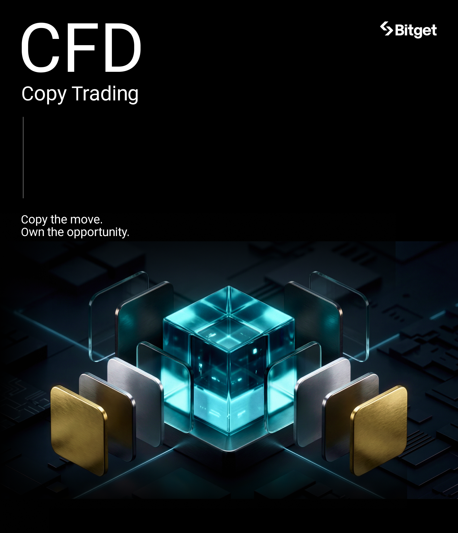 Bitget CFD Copy Trading — portrait master creative with glowing cyan cube and gold/silver tiles