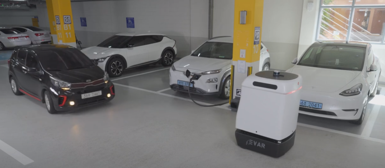 MILI Robot charging an electric vehicle in parking garage