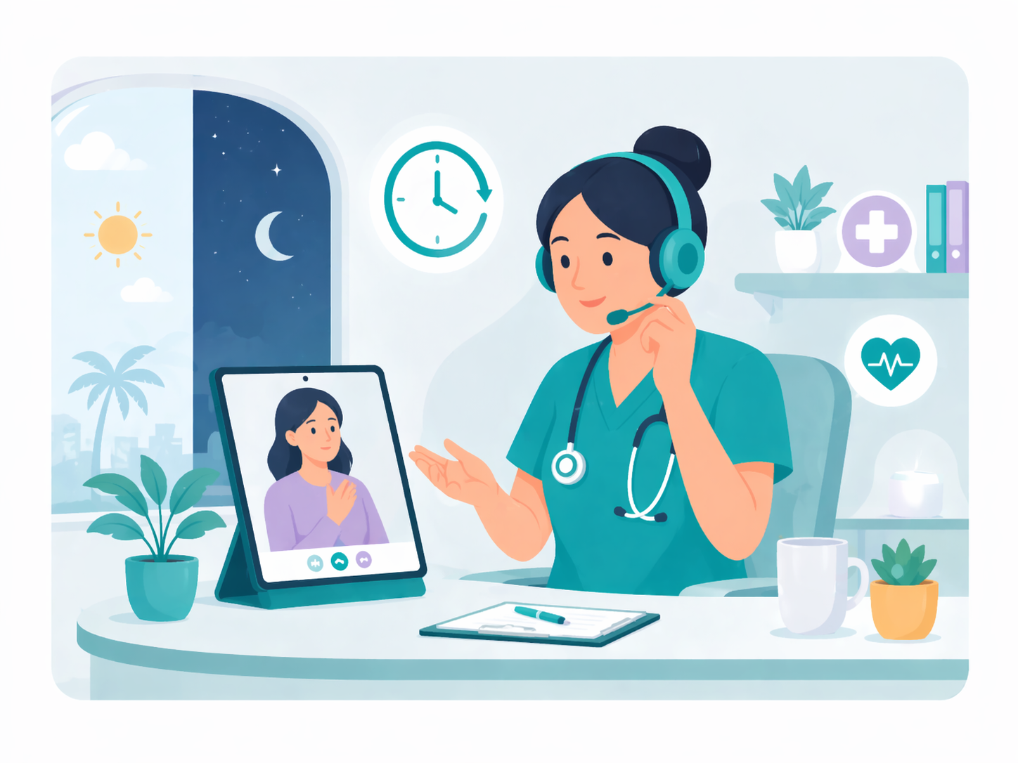 Nurse providing 24/7 on-call support with headset and video call