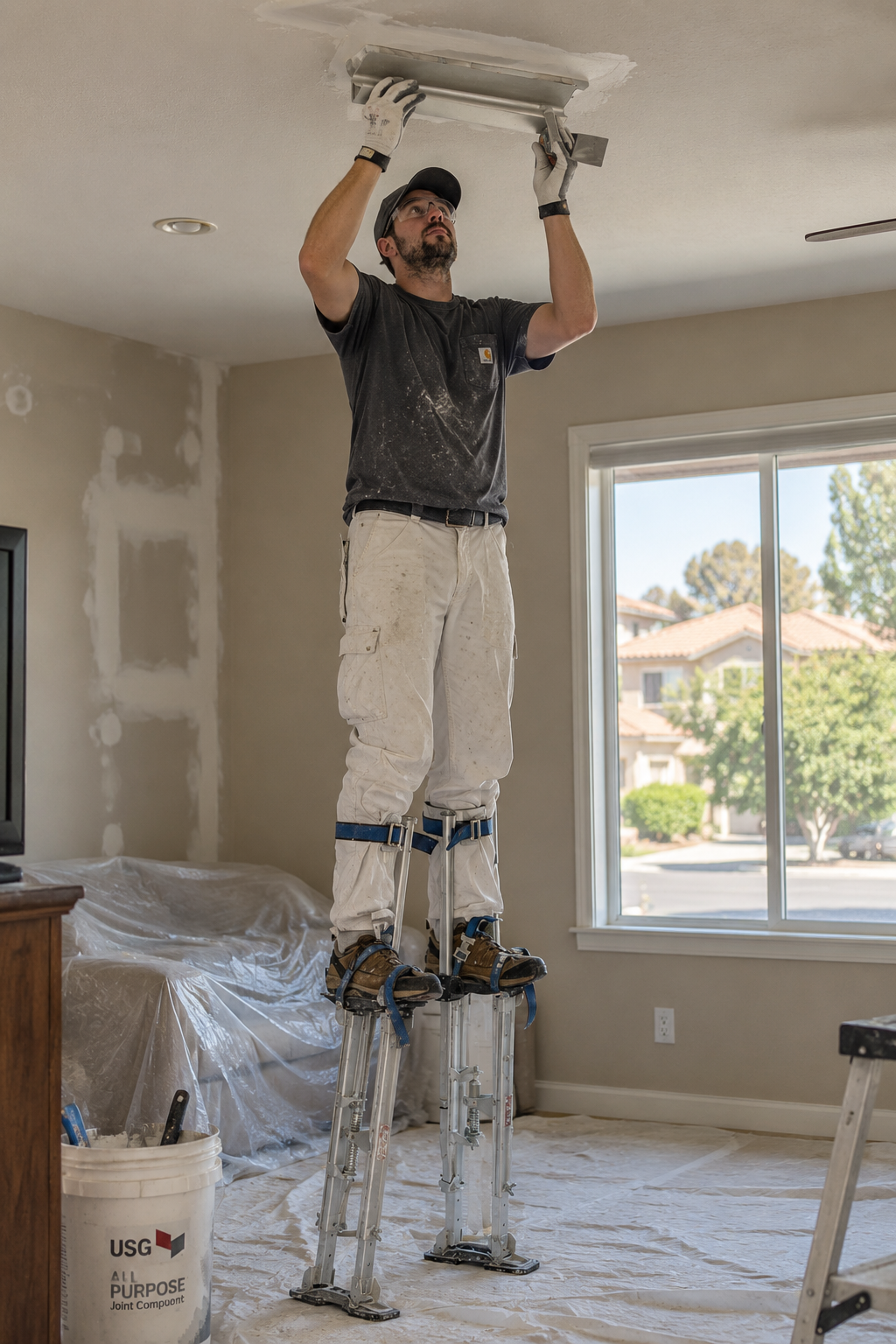 Drywall professional on stilts applying joint compound to a ceiling inside a Manteca home