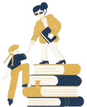 Illustration of people climbing books, representing educational empowerment