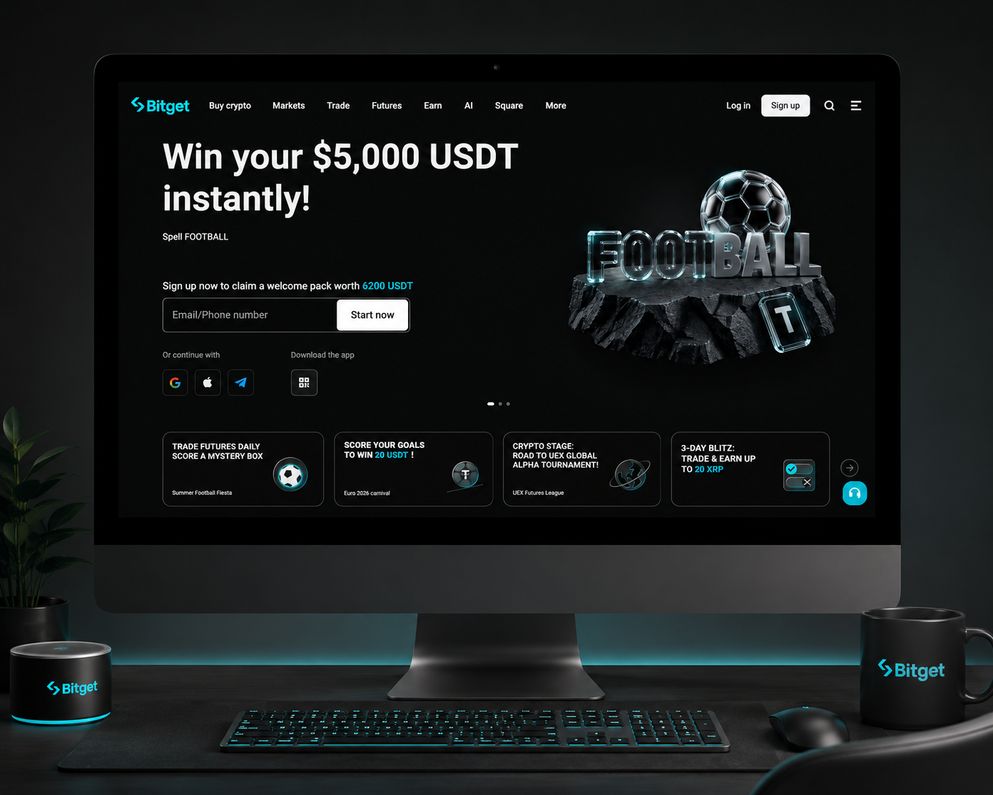 Bitget Pulse typography in use — desktop platform UI mockup with branded merchandise