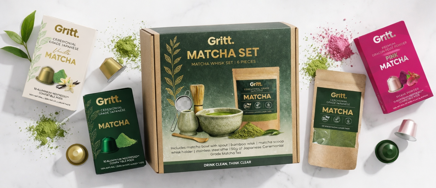 Gritt Premium Matcha Collection - Ceremonial Grade Japanese Matcha Pods, Powders and Whisk Sets