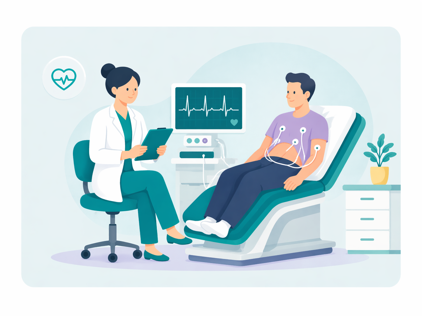 Patient with EKG electrodes being monitored by doctor