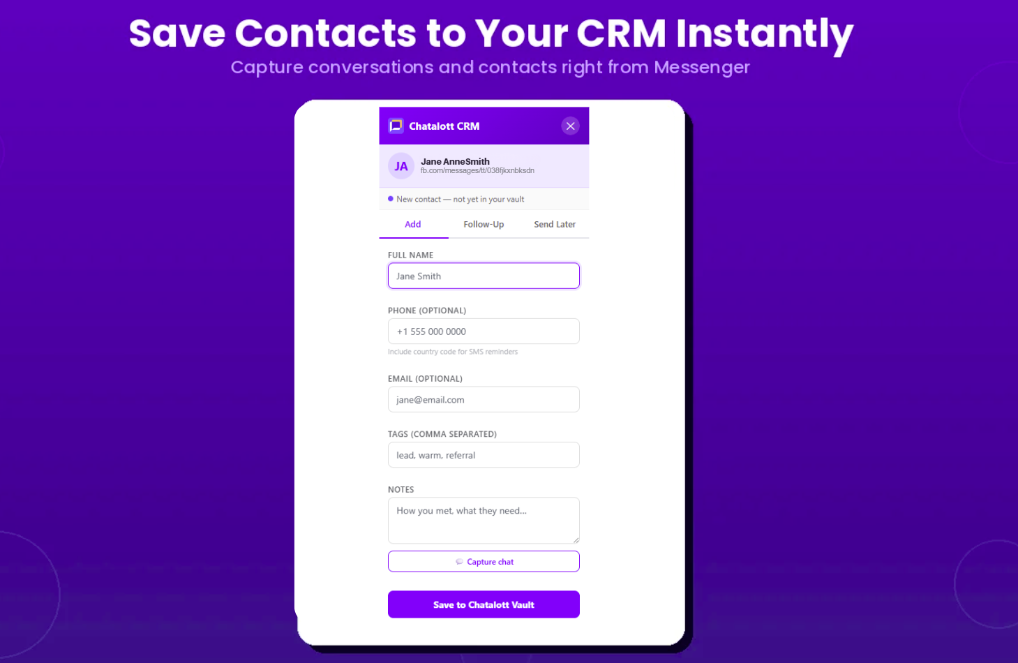 Chatalott CRM overlay showing Add tab with contact form