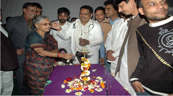 Ceremonial gathering with medical professionals and elders