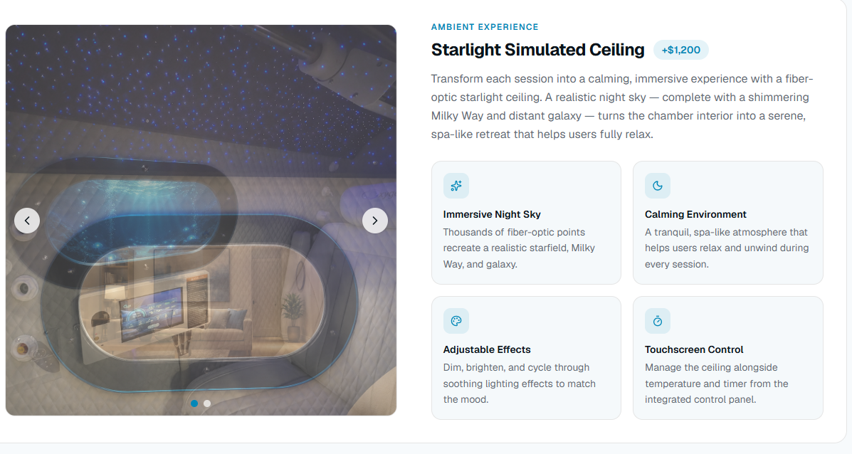 Hyperbaric chamber interior with a fiber-optic starlight simulated ceiling recreating a night sky