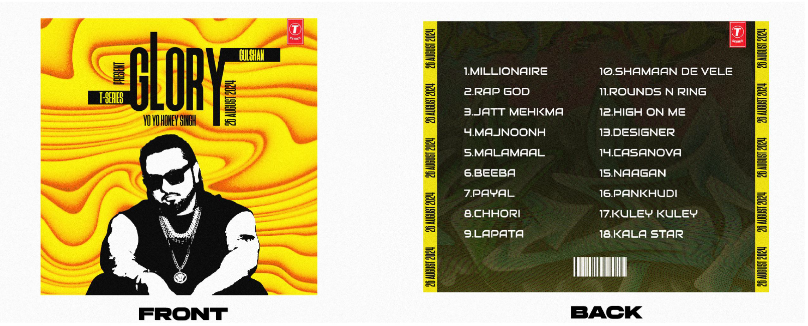 GLORY album front cover with yellow swirl background and back cover with 18-song list