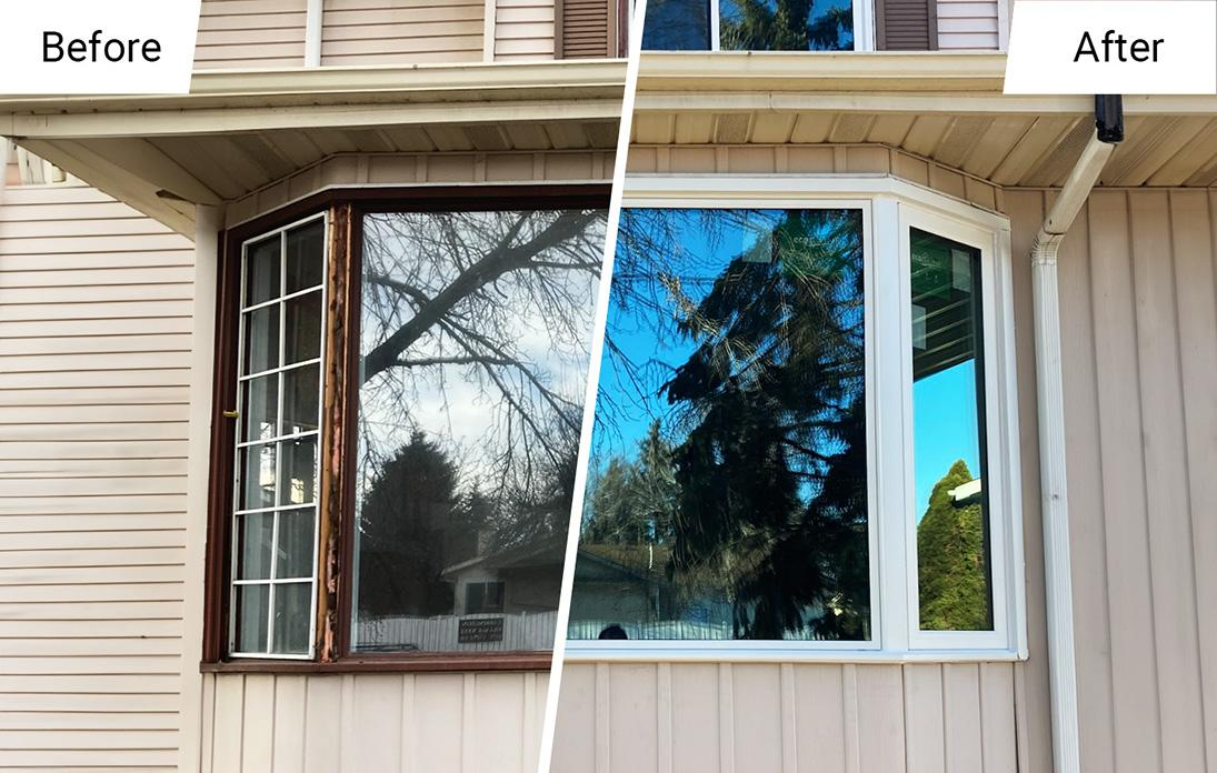 Before and after window replacement showing old deteriorated window vs new energy-efficient window