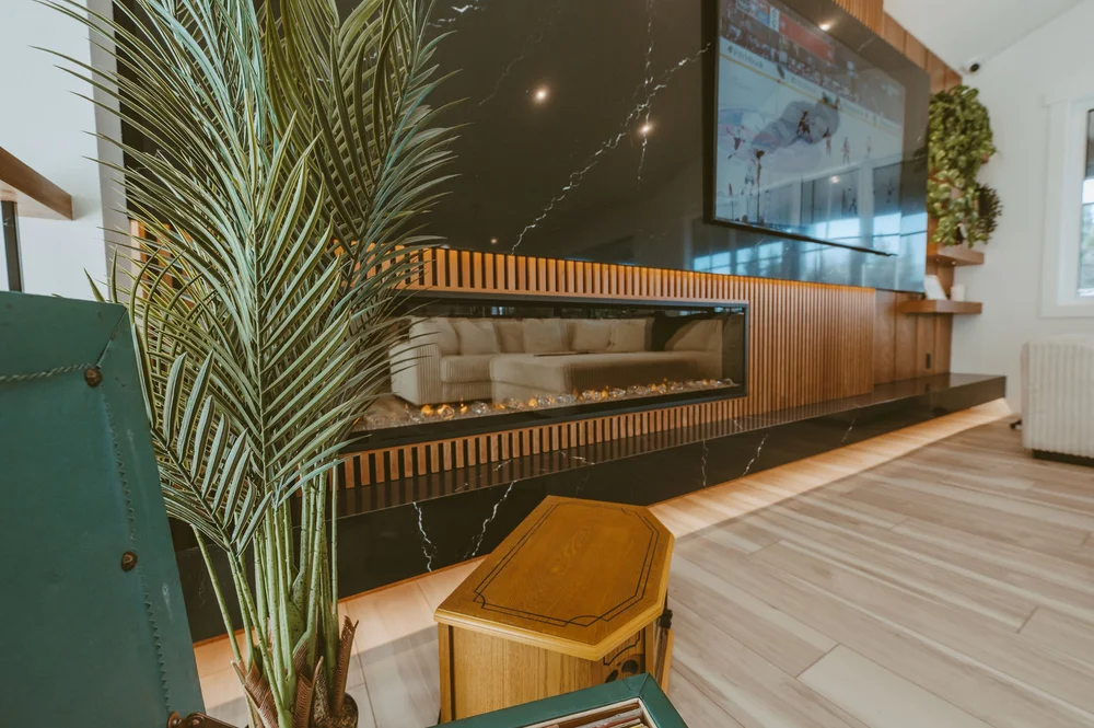 Fireplace detail with wood slats