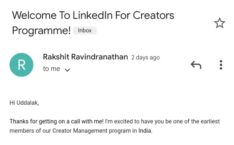 Email confirming Uddalak Das was selected for LinkedIn for Creators