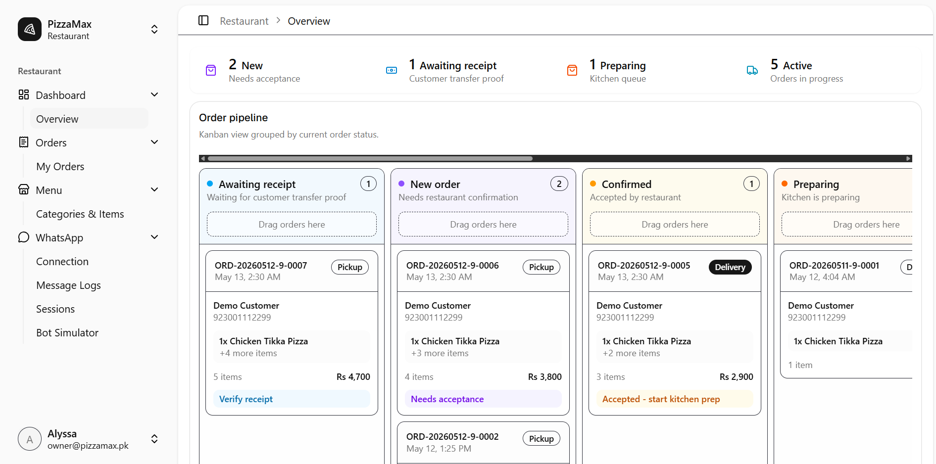OrderPilot Dashboard - Restaurant order management with real-time tracking, Kanban pipeline, and WhatsApp integration