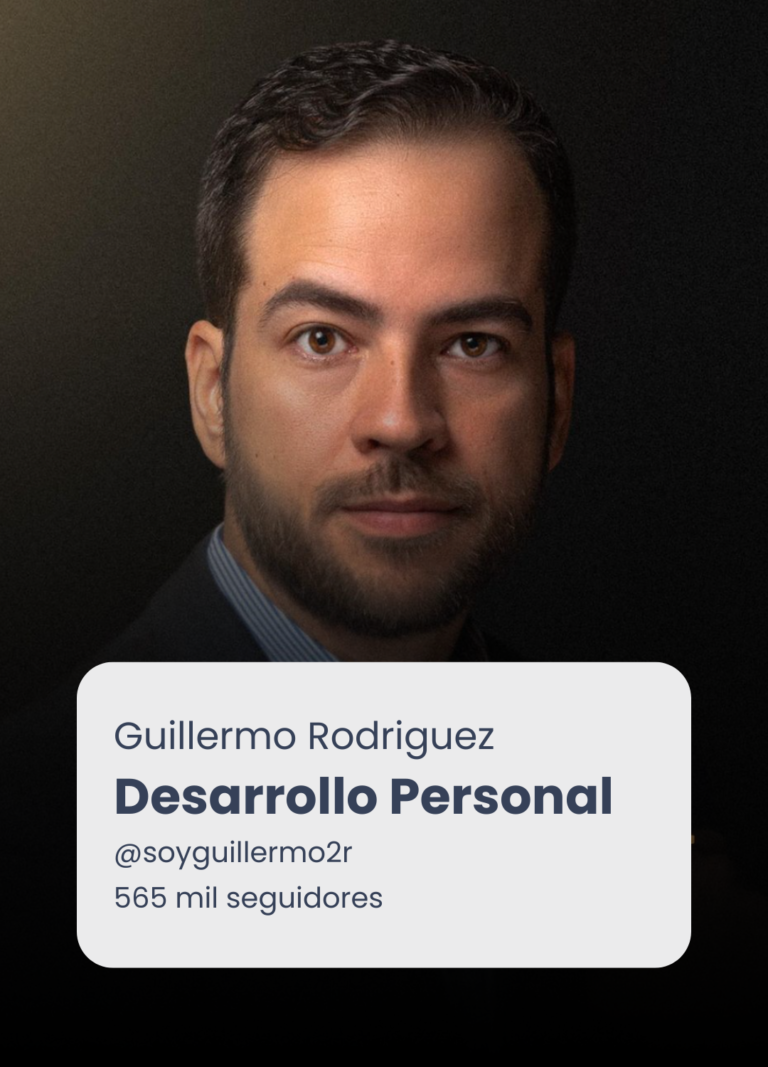 Presentación de Guillermo Rodriguez sobre desarrollo personal, con retrato sobre fondo oscuro.